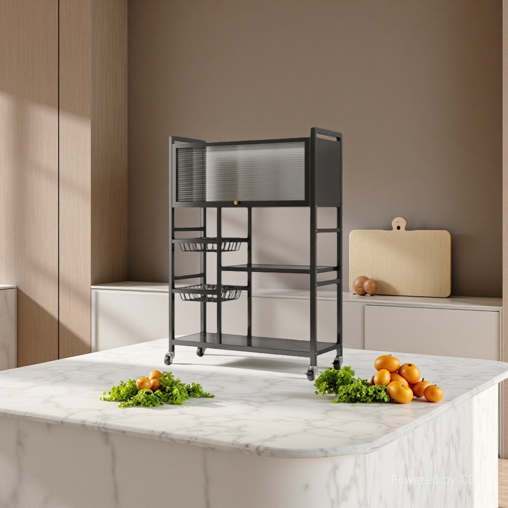 Kitchen storage rack, sideboard, floor-standing multi-layer fruit and vegetable storage rack, household multi-functional cookware storage rack, black model (two nets and one board), top layer with door - comes with universal wheels Application Scenario