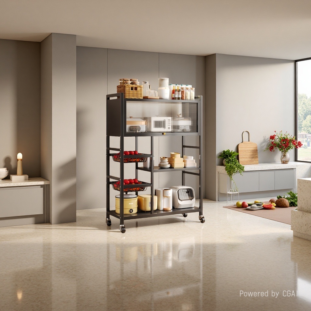 Kitchen storage rack, sideboard, floor-standing multi-layer fruit and vegetable storage rack, household multi-functional cookware storage rack, black model (two nets and one board), top layer with door - comes with universal wheels Specification image