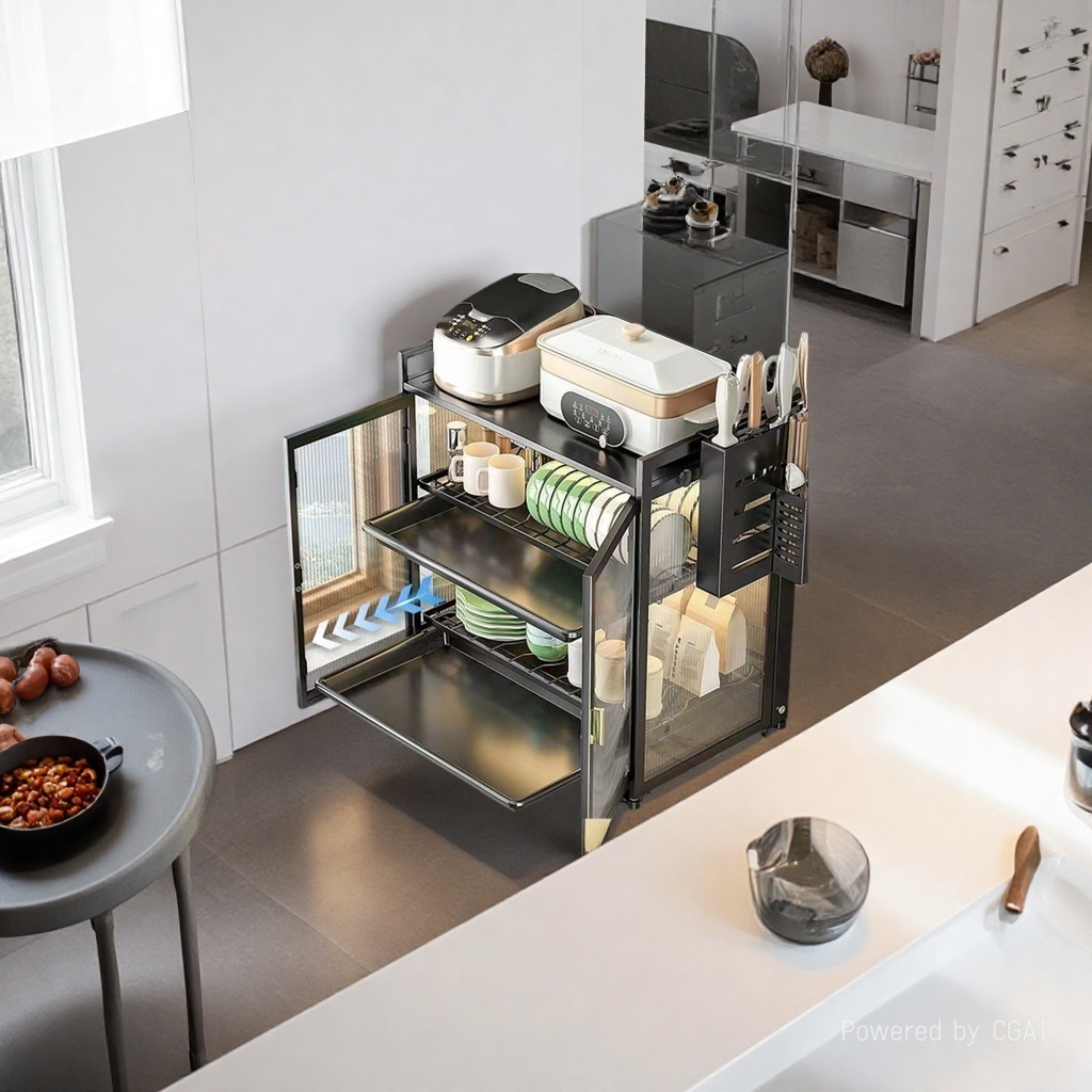 Kitchen storage rack, multi-layer storage rack for chopsticks, bowls and plates, seasoning storage cabinet, kitchen cabinet made of carbon steel, multi-functional 2-layer Specification image