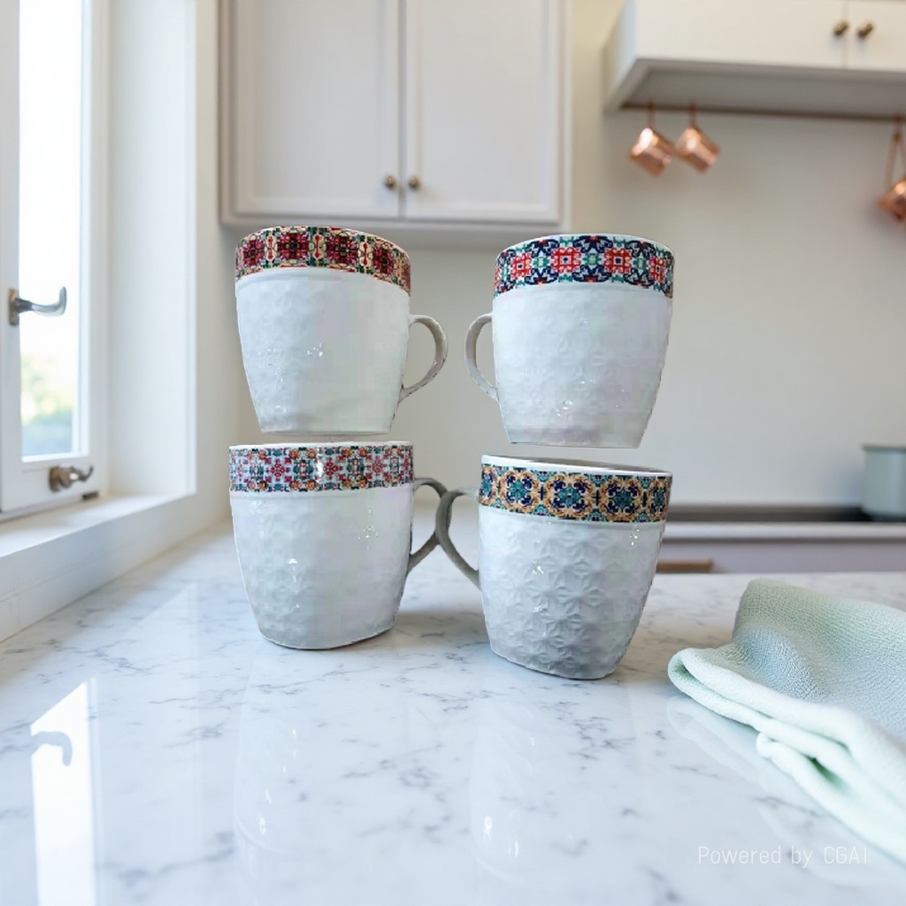 A white Bohemian-style ceramic home coffee cup with patterned edges Application Scenario