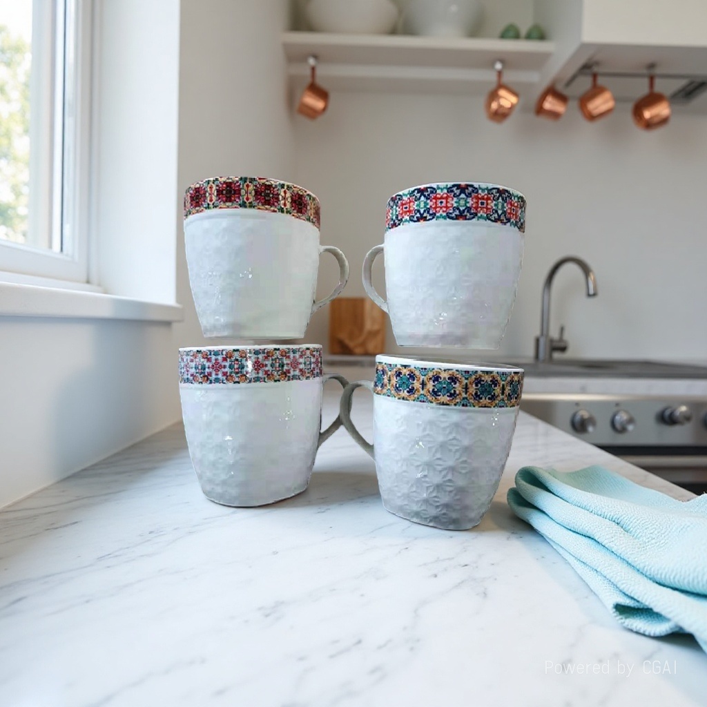 A white Bohemian-style ceramic home coffee cup with patterned edges details Picture