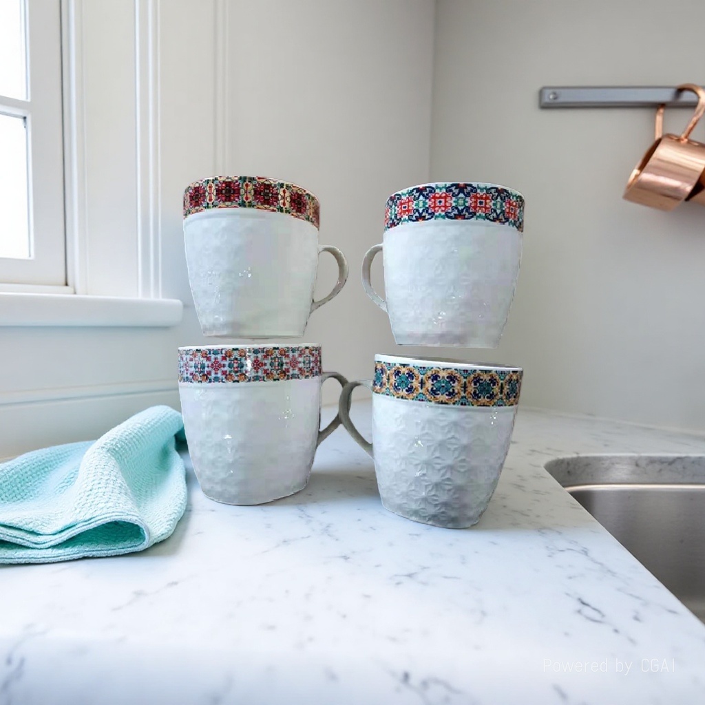 A white Bohemian-style ceramic home coffee cup with patterned edges Specification image