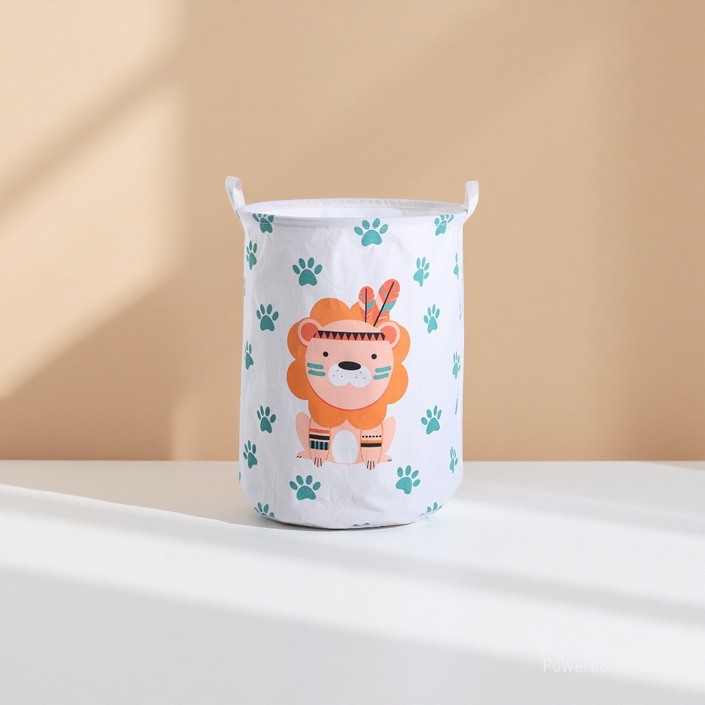 Other people's cotton and linen cartoon fabric dirty clothes basket, foldable waterproof dirty clothes basket, round fabric storage bucket, Crown Lion 113027791 Application Scenario