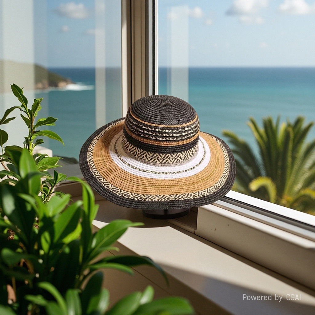 Women's summer straw hats, colorful straw woven beach hats, ethnic style seaside vacation sun protection hats, travel outdoor leisure breathable sun hats, Lafite grass hats Specification drawing