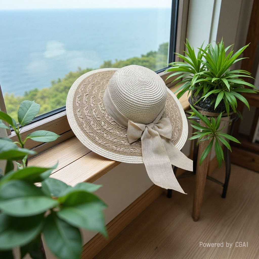 Ladies' straw hat, summer wide-brimmed straw hat, bow decoration, large straw hat, beach hat, sun hat, sunshade hat, seaside vacation, travel, daily outdoor leisure, urban style Specification drawing