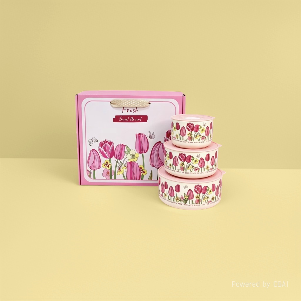 Pink tulip sealed bowl set, ceramic bowl bag lid, fresh-keeping food storage bowl three-piece set Application Scenario