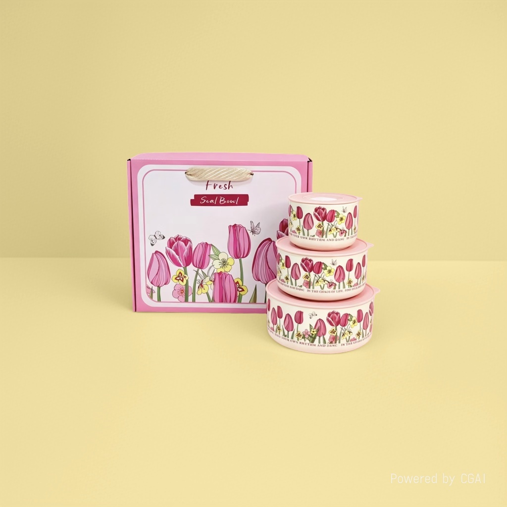 Pink tulip sealed bowl set, ceramic bowl bag lid, fresh-keeping food storage bowl three-piece set