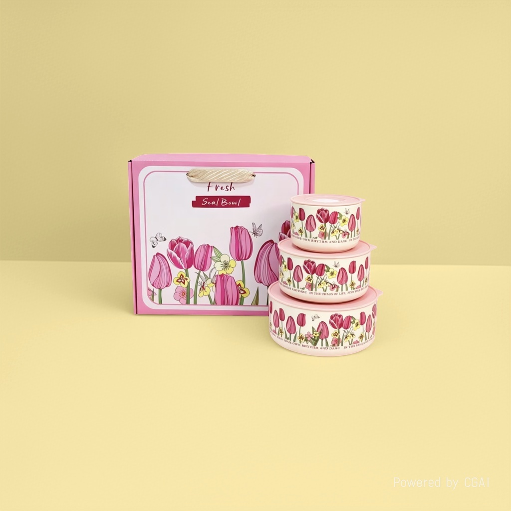 Pink tulip sealed bowl set, ceramic bowl bag lid, fresh-keeping food storage bowl three-piece set Specification image