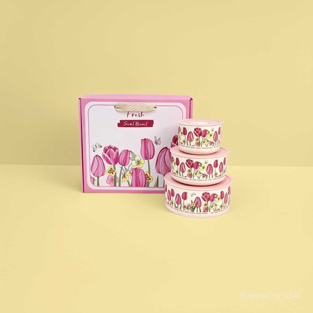 Pink tulip sealed bowl set, ceramic bowl bag lid, fresh-keeping food storage bowl three-piece set details Picture