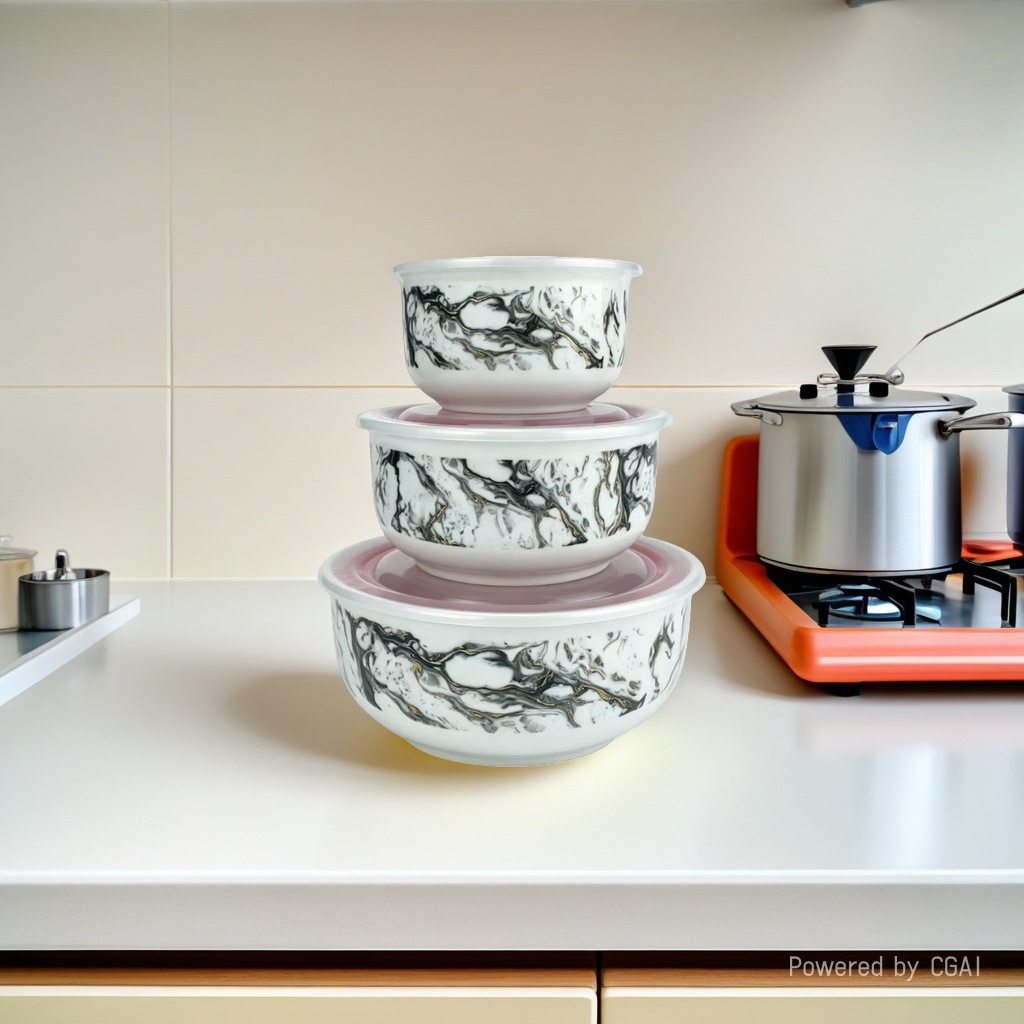 Imitation marble ceramic fresh-keeping bowl, three-piece ceramic bowl set, ceramic bowl fresh-keeping bowl, food storage bowl 2 details Picture