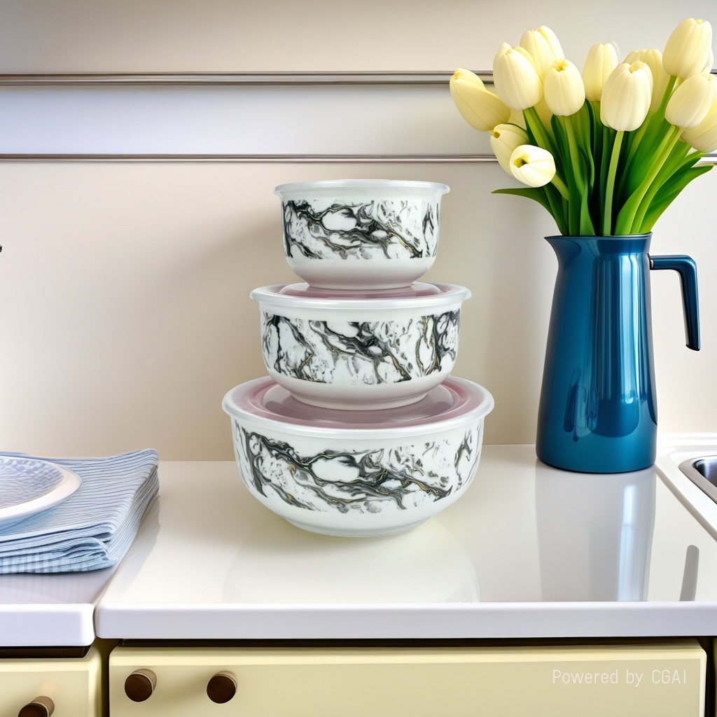 Imitation marble ceramic fresh-keeping bowl, three-piece ceramic bowl set, ceramic bowl fresh-keeping bowl, food storage bowl 2