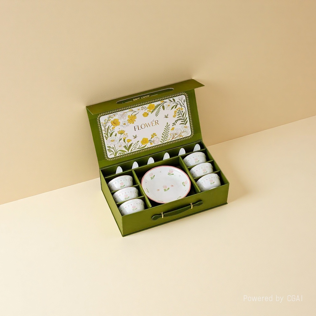 Factory direct sales of floral ceramic tableware plates and bowls set, green flower fresh ceramic tableware set