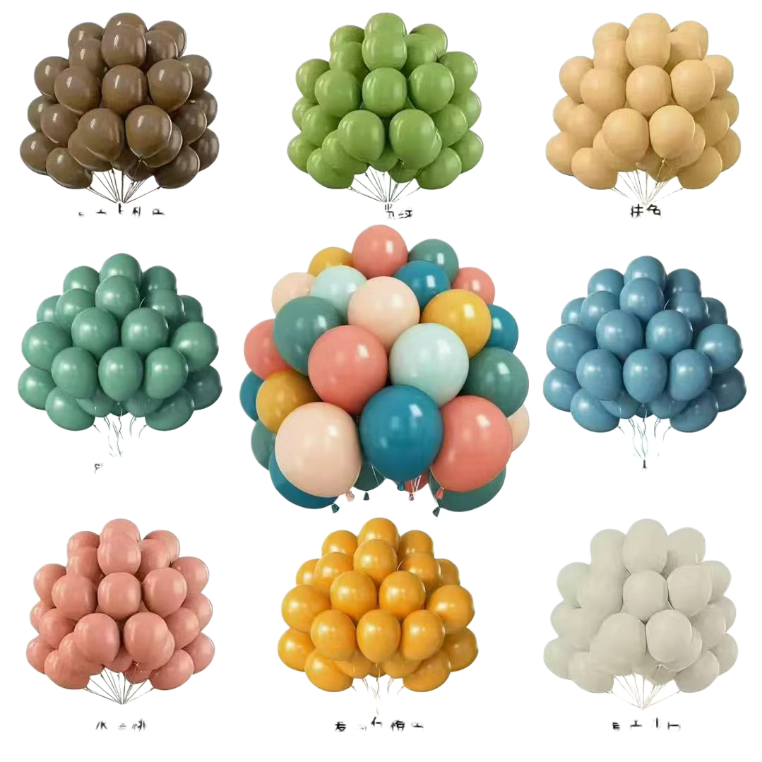 A combination of multiple color balloons: retro Khaki, olive green, skin-colored eucalyptus green, twilight blue, peach orange, retro sand white, birthday aluminum film balloon set Item Picture