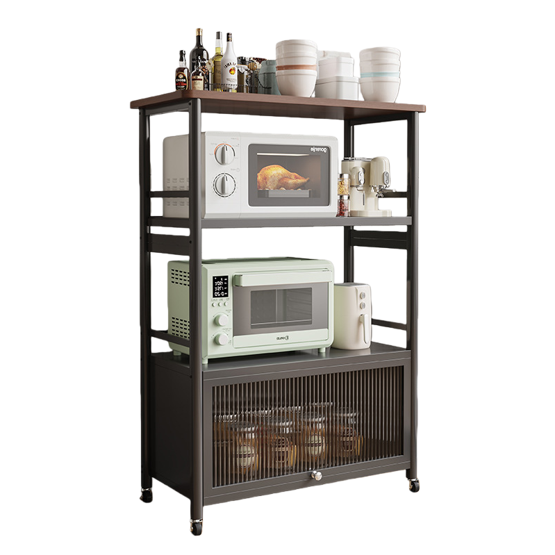 Kitchen storage rack, multi-layer floor-standing storage rack, household oven and microwave storage, floor-standing, modern and simple, elliptical tube, single door, 3 layers, 80 length - elegant black Item Picture