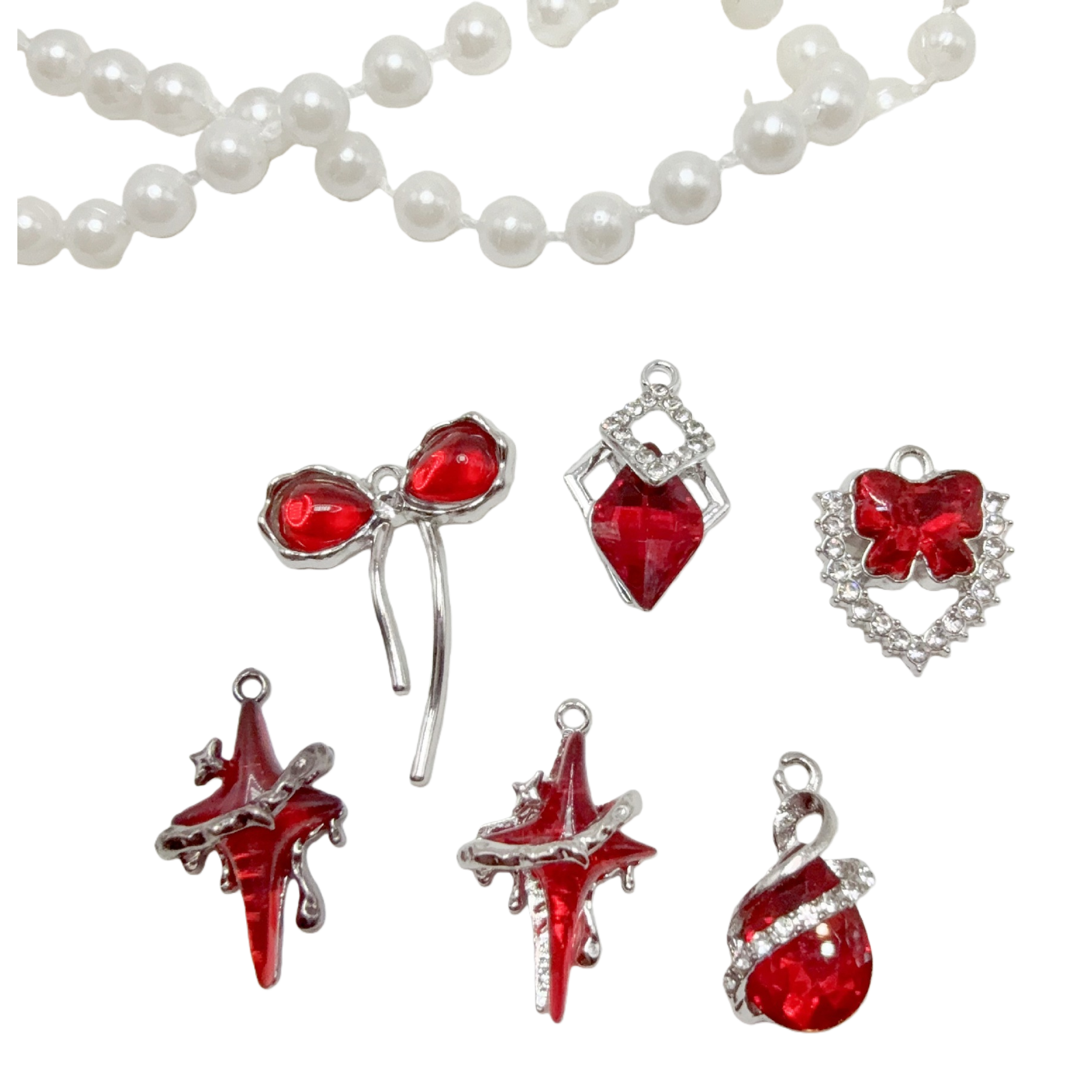 Sweet and cool red heart-shaped pearl bow silver pendant DIY handmade earrings necklace bracelet accessories material alloy Item Picture