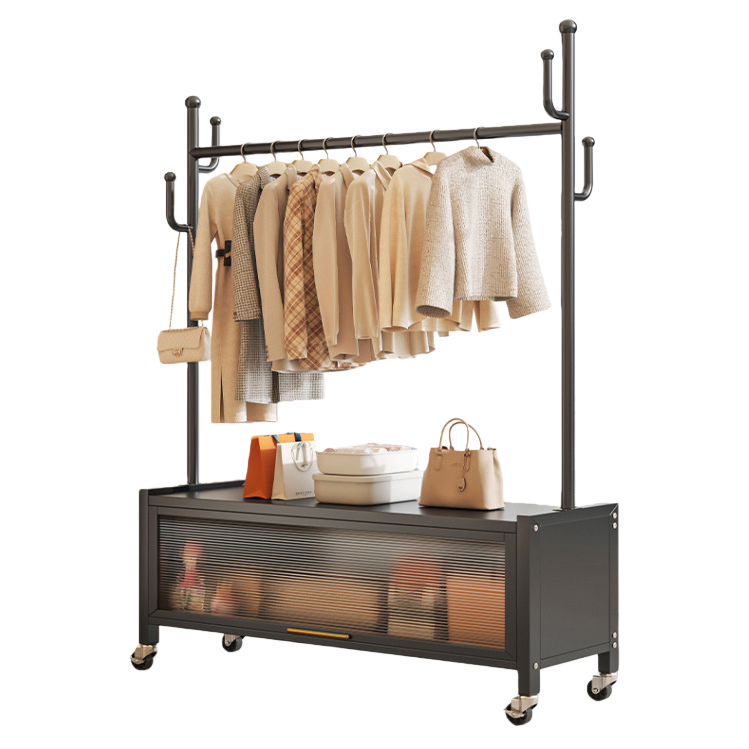 Colgador de piso dormitorio colgador de ropa portátil estante de ropa interior estante de ropa simple 60cm premium black + gabinete de almacenamiento colgador - con rueda universal Item Picture