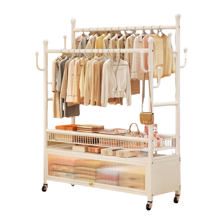 Floor-standing clothes rack for bedroom home, movable clothes hanger, indoor double-pole clothes drying rack, multi-functional coat rack, cream white, 60cm, double-row hanging poles +8 hooks [dust-proof storage cabinet], with wheels + feet Item Picture