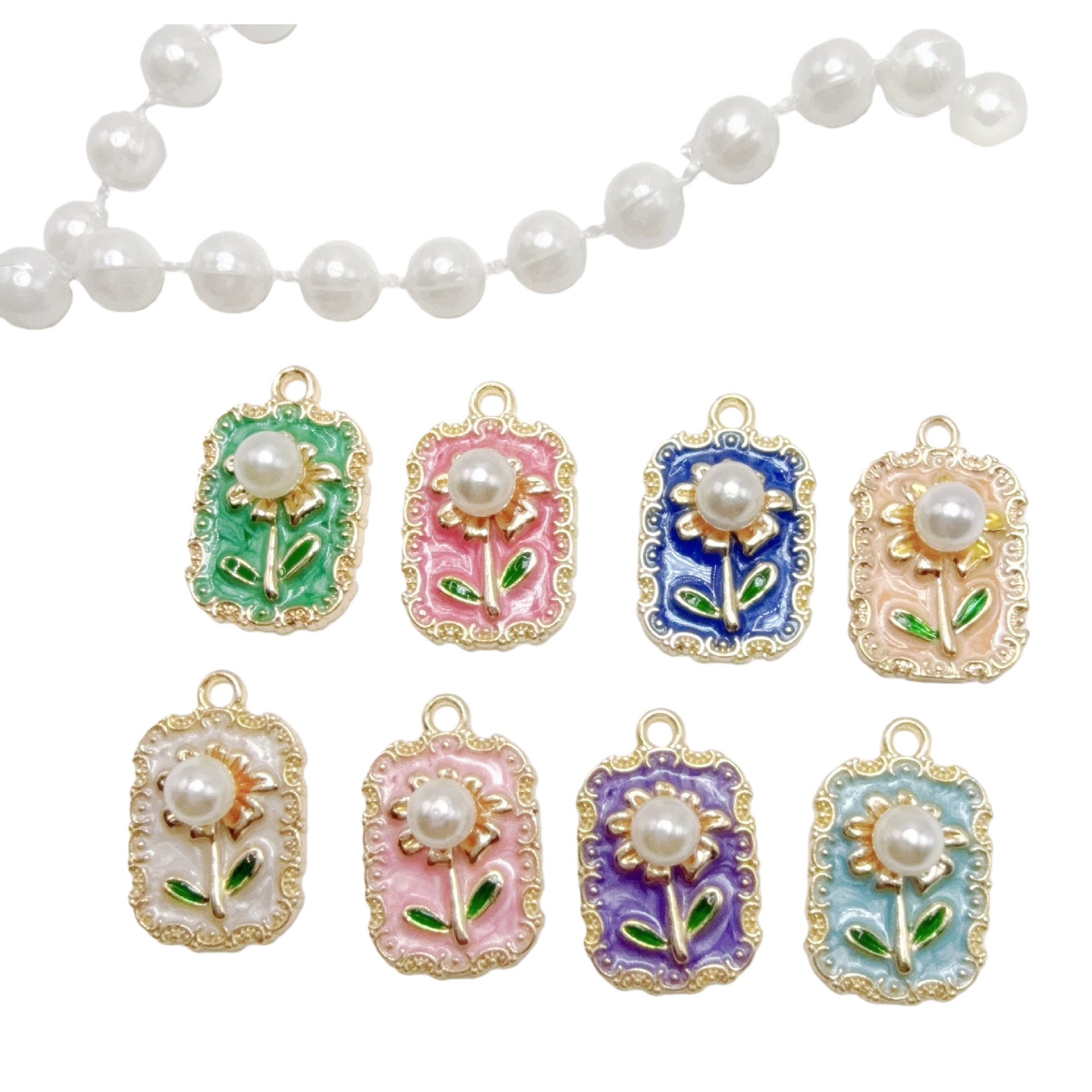 diy jewelry, single oil-dripping pearl flower alloy pendant, DIY necklace, cross-border bracelet accessory, mother-of-pearl base Item Picture