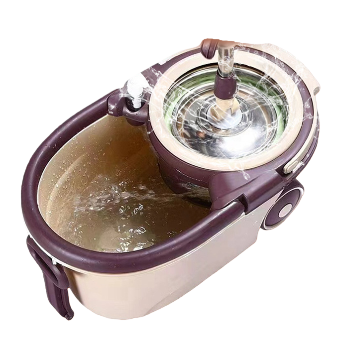 A household dual-drive automatic dehydration mop bucket, a floor cleaning and mopping wonder, a spinning mop with a steel basket, plastic tray, large rod and 2 mop heads Item Picture