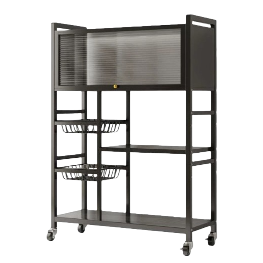 Kitchen storage rack, sideboard, floor-standing multi-layer fruit and vegetable storage rack, household multi-functional cookware storage rack, black model (two nets and one board), top layer with door - comes with universal wheels Item Picture
