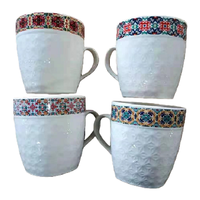 A white Bohemian-style ceramic home coffee cup with patterned edges Item Picture