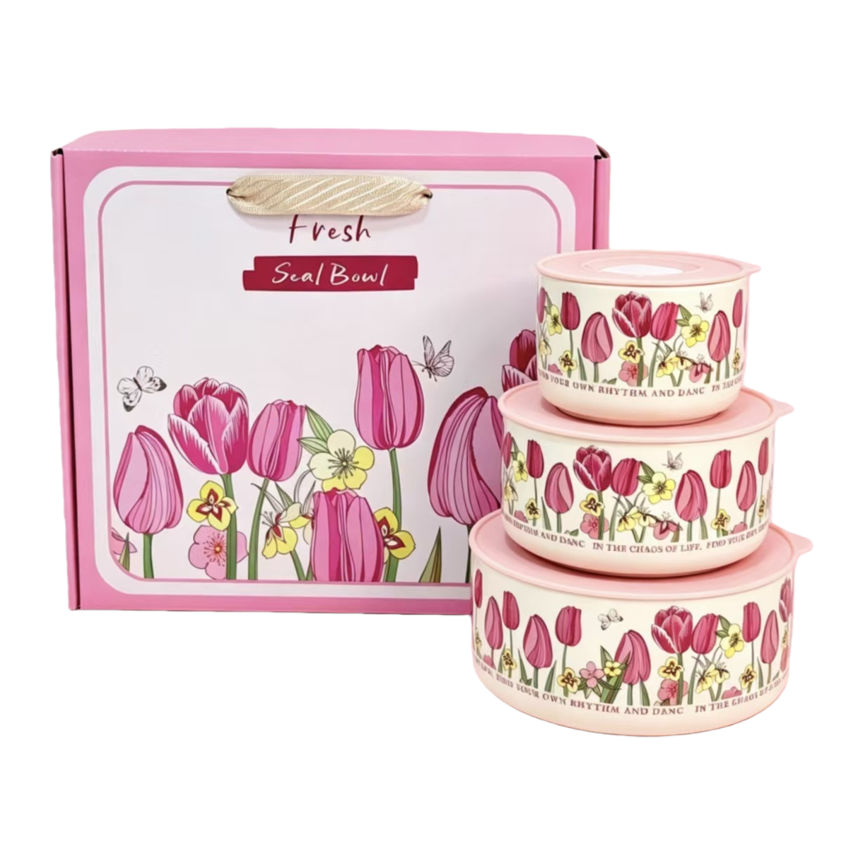 Pink tulip sealed bowl set, ceramic bowl bag lid, fresh-keeping food storage bowl three-piece set Item Picture