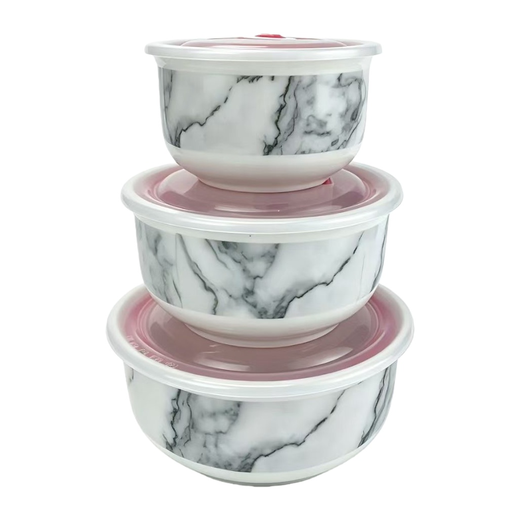 Imitation marble ceramic fresh-keeping bowl, three-piece ceramic bowl set, ceramic bowl fresh-keeping bowl, food storage bowl Item Picture