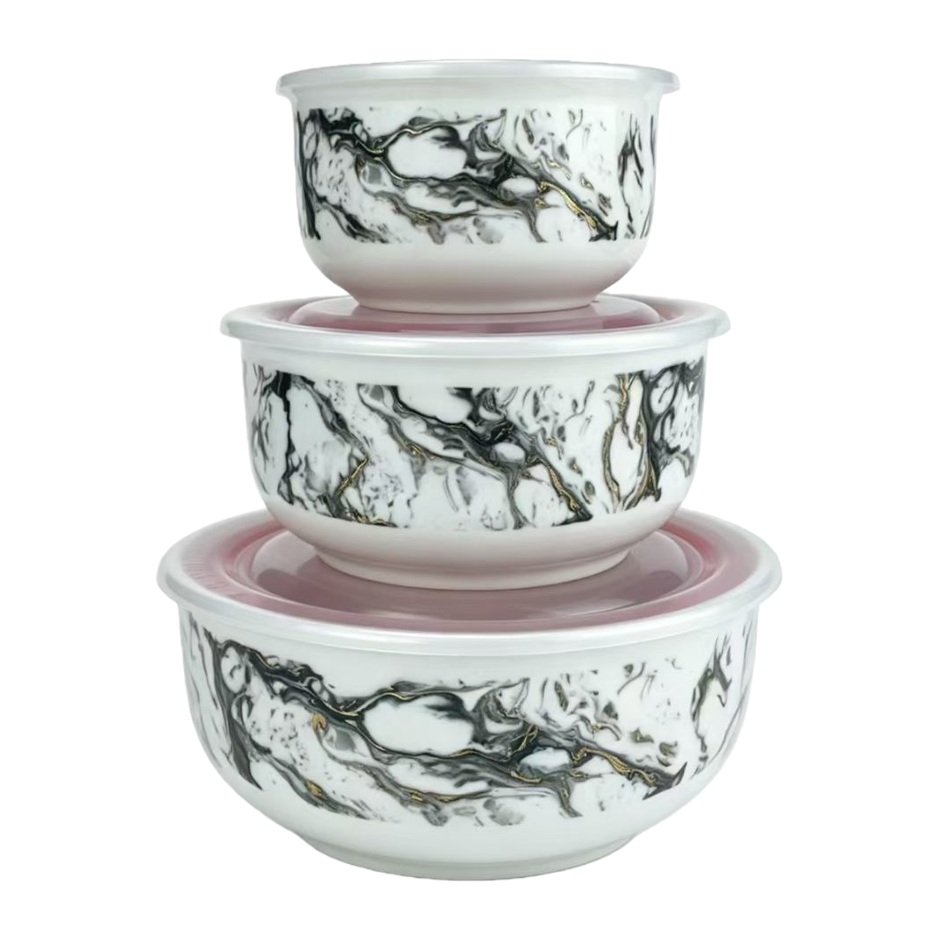 Imitation marble ceramic fresh-keeping bowl, three-piece ceramic bowl set, ceramic bowl fresh-keeping bowl, food storage bowl 2 Item Picture