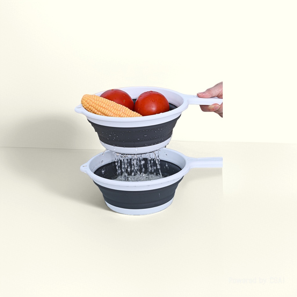 For foreign trade, there is a long handle water filter spoon for washing vegetables and fruits. It is a large hanging folding water draining basket and water draining spoon for the kitchen Specification image