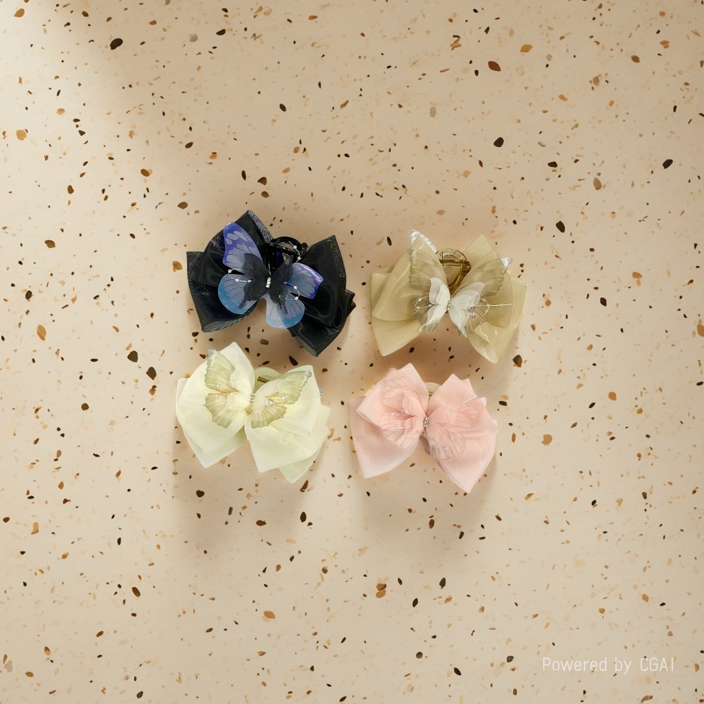 A sweet and cute netted bow clip, a small shark clip hair accessory at the back of a woman's head details Picture