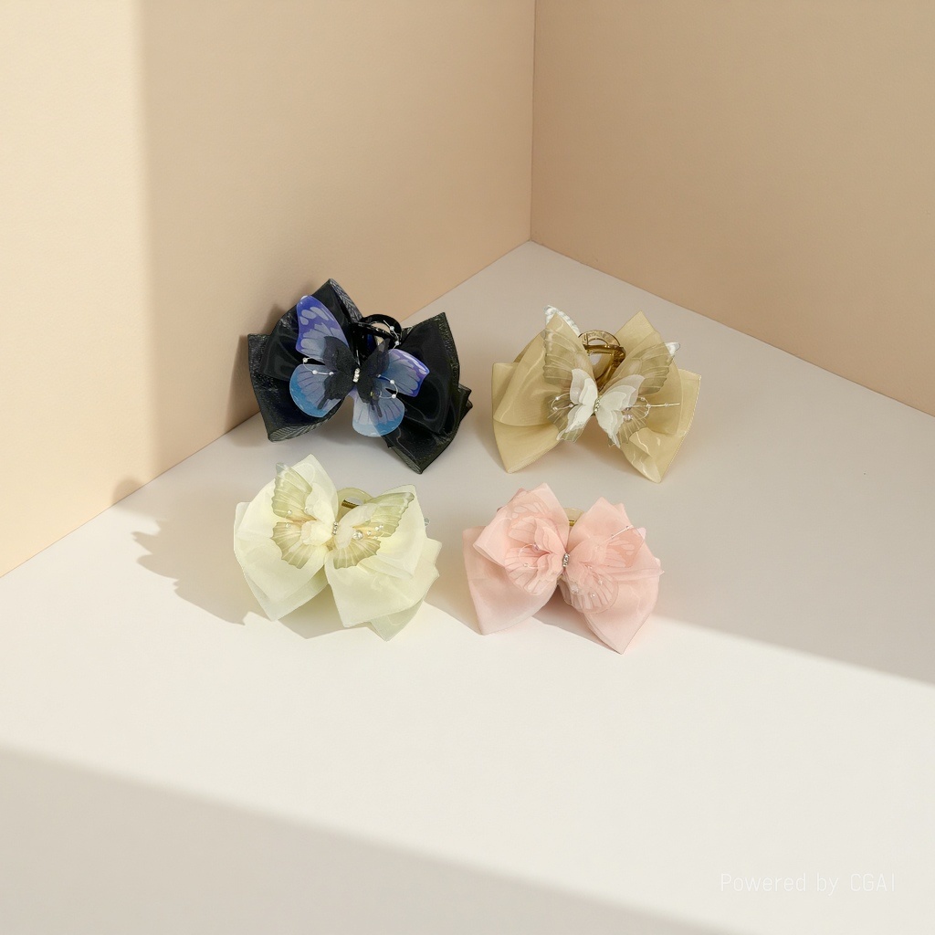 A sweet and cute netted bow clip, a small shark clip hair accessory at the back of a woman's head Application Scenario