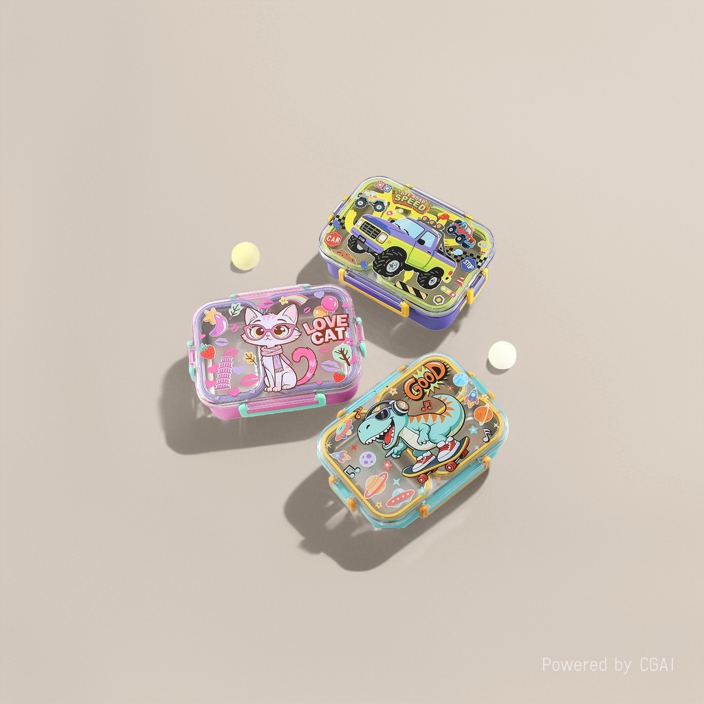 A two-compartment sealed cartoon square lunch box with two or three compartments, a student lunch box for going out, a large-capacity food storage box with a soup spoon pic 2