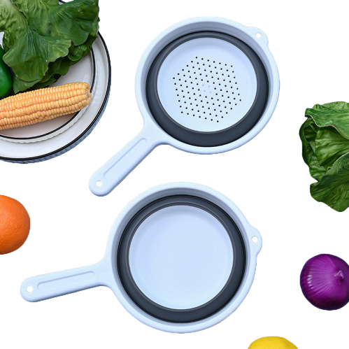 For foreign trade, there is a long handle water filter spoon for washing vegetables and fruits. It is a large hanging folding water draining basket and water draining spoon for the kitchen
