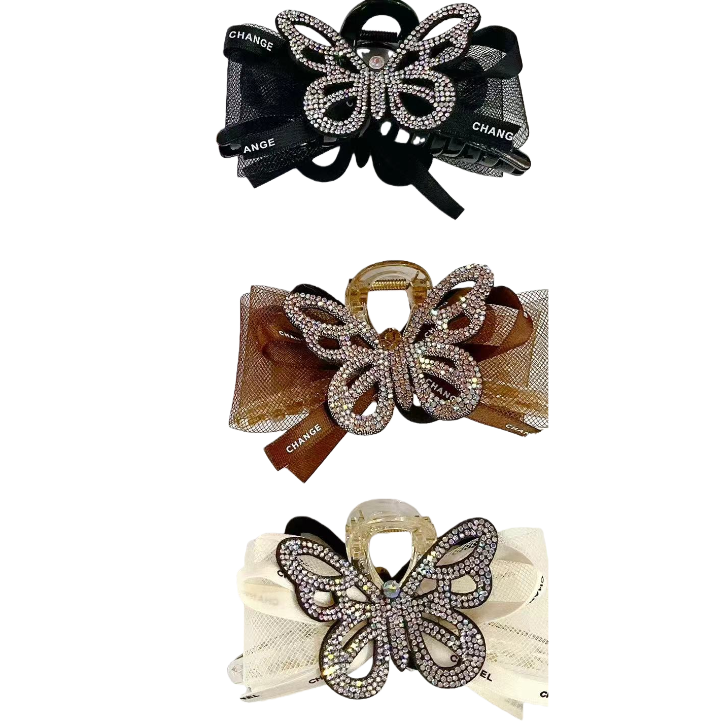 Black mesh satin pearl water diamond bow hair clip, back head scratch-off, fugitive princess clip, shark clip new style Item Picture