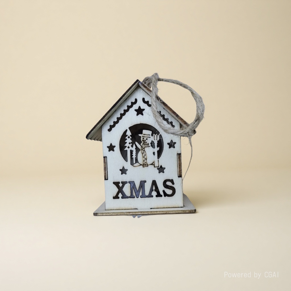 Sote's Christmas wooden house is decorated with Christmas wreaths, Christmas hats, ornaments and holiday gifts Specification image