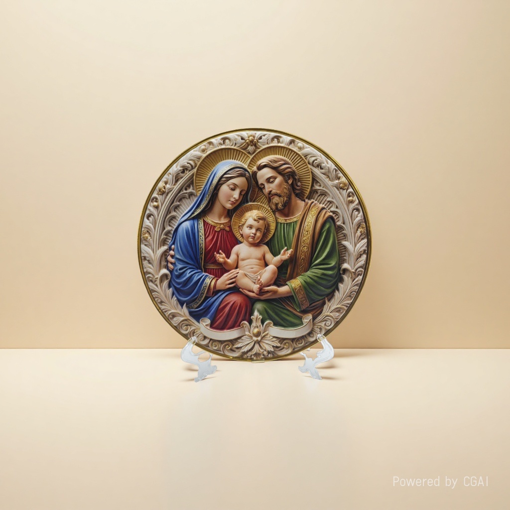 A resin Buddha statue with a relief plate of the Virgin Mary and the Infant Jesus Specification image