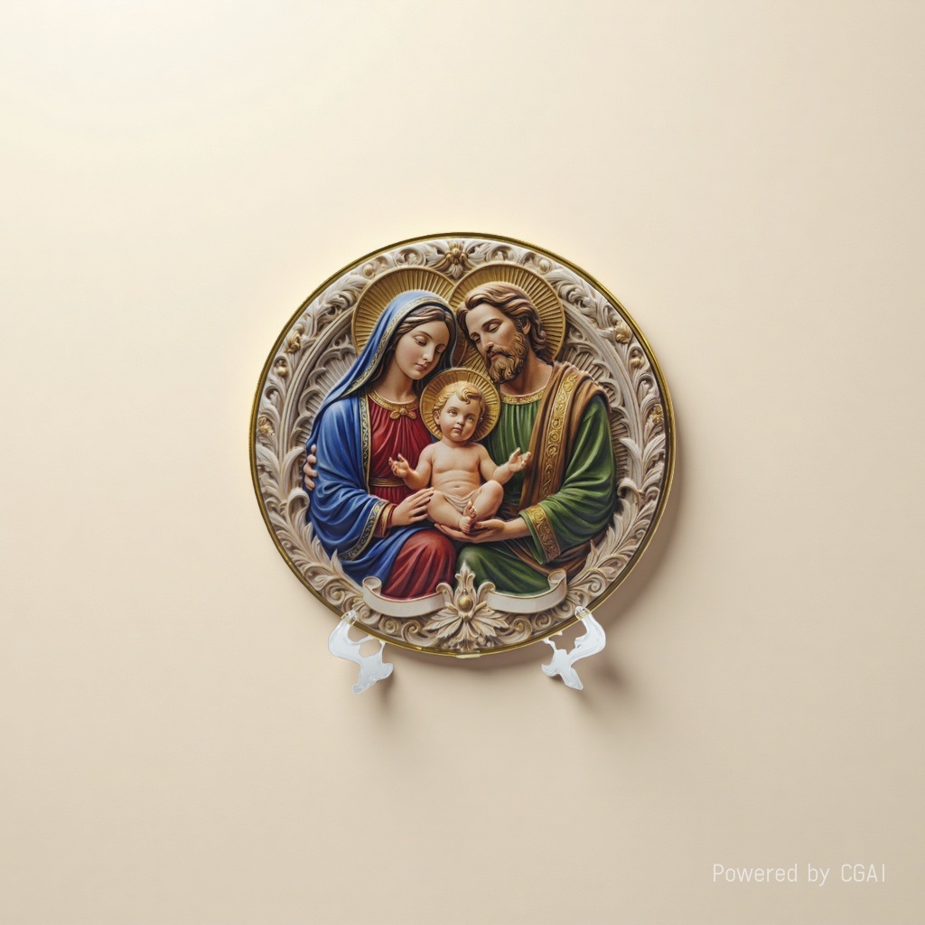 A resin Buddha statue with a relief plate of the Virgin Mary and the Infant Jesus details Picture