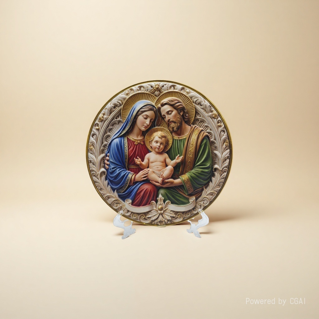 A resin Buddha statue with a relief plate of the Virgin Mary and the Infant Jesus Application Scenario