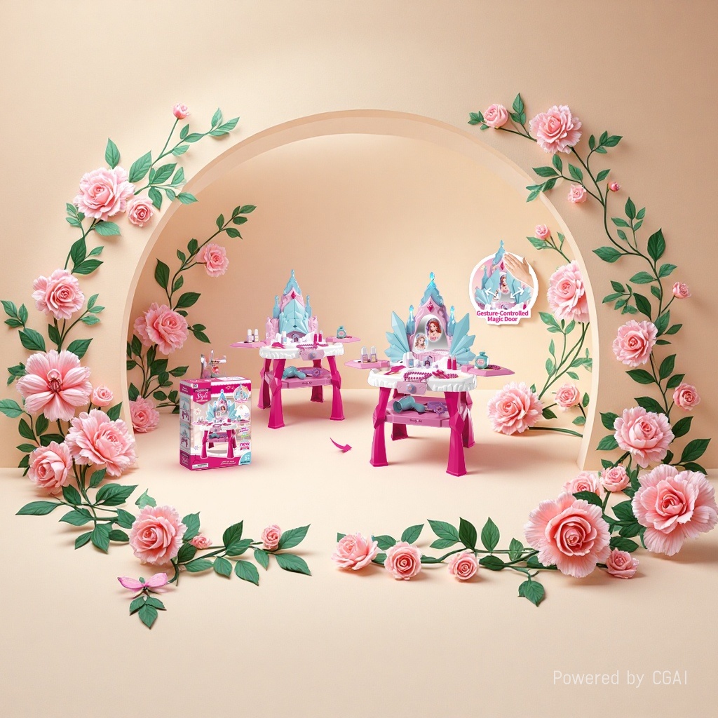 Pink castle-shaped children's toy makeup table, cute miniature model, gesture control Magic Door mirror, cosmetic accessories, hair dryer, shining meteor magic wand