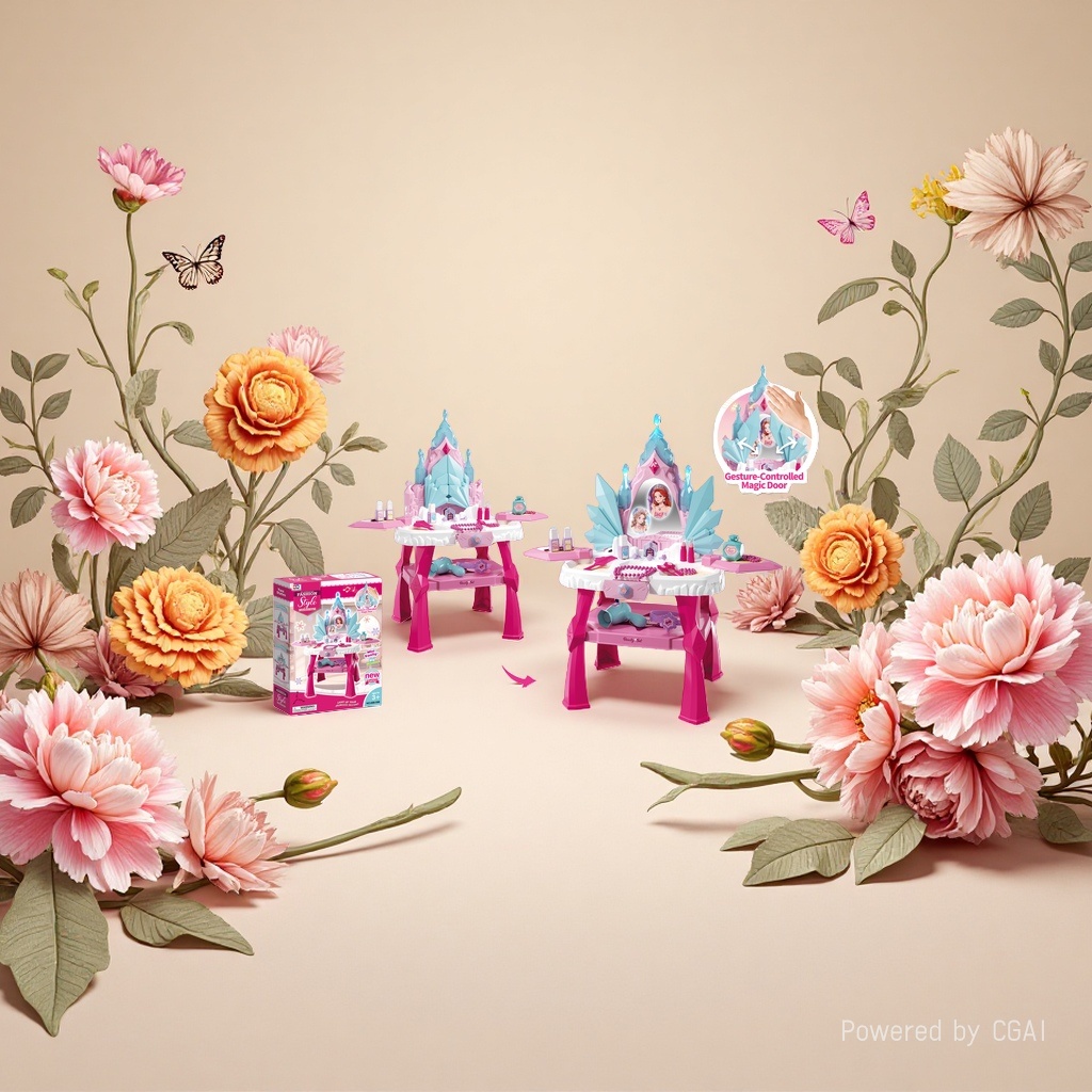 Pink castle-shaped children's toy makeup table, cute miniature model, gesture control Magic Door mirror, cosmetic accessories, hair dryer, shining meteor magic wand Application Scenario