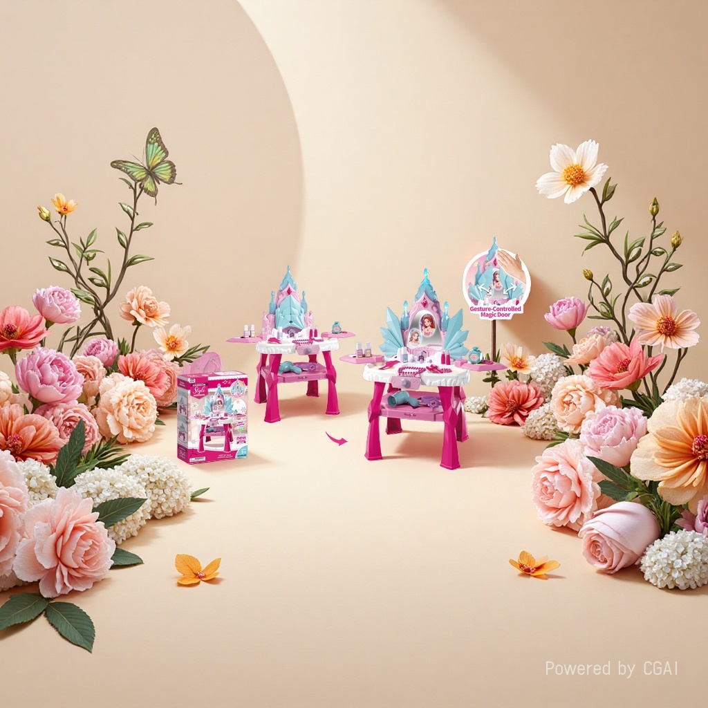 Pink castle-shaped children's toy makeup table, cute miniature model, gesture control Magic Door mirror, cosmetic accessories, hair dryer, shining meteor magic wand Specification image