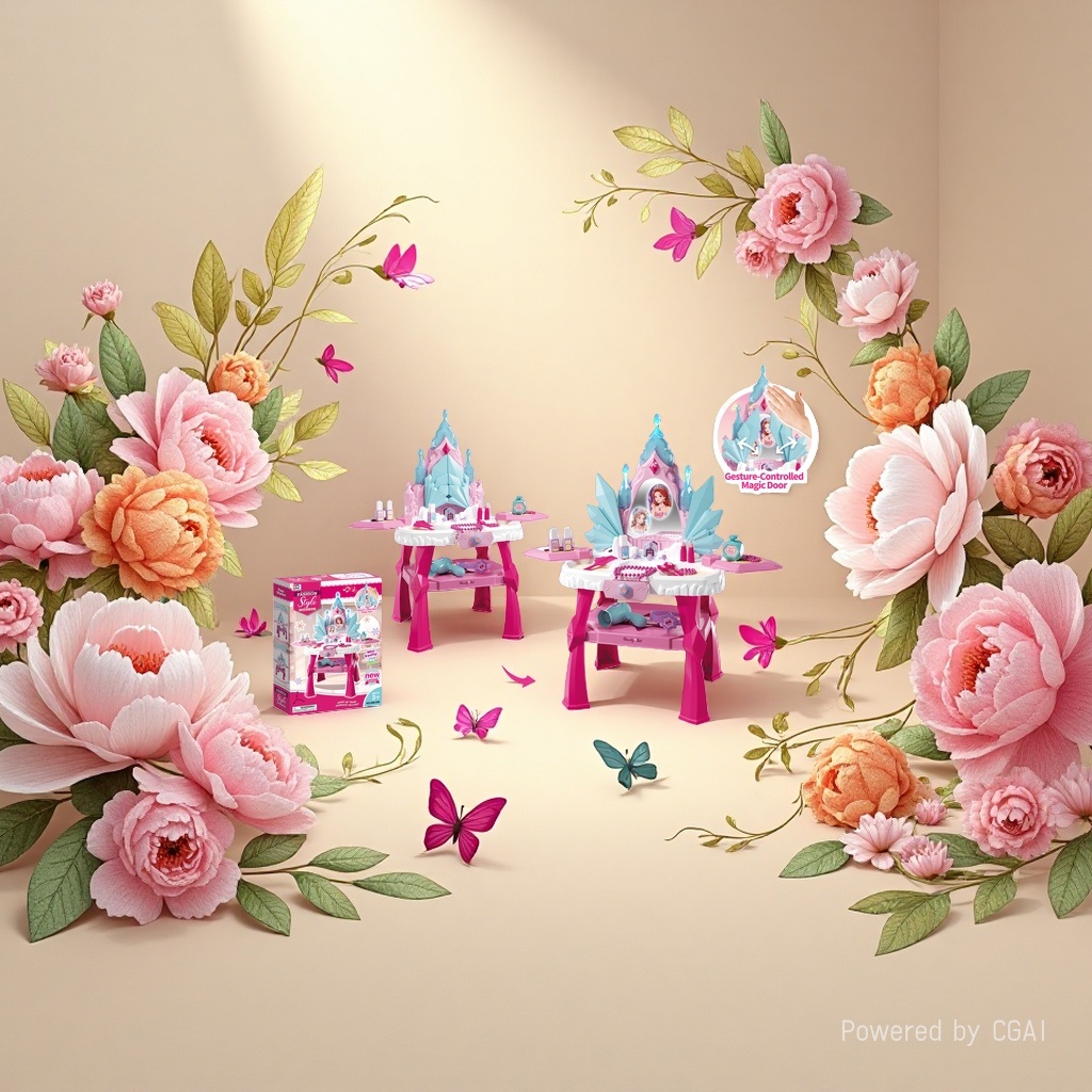 Pink castle-shaped children's toy makeup table, cute miniature model, gesture control Magic Door mirror, cosmetic accessories, hair dryer, shining meteor magic wand details Picture