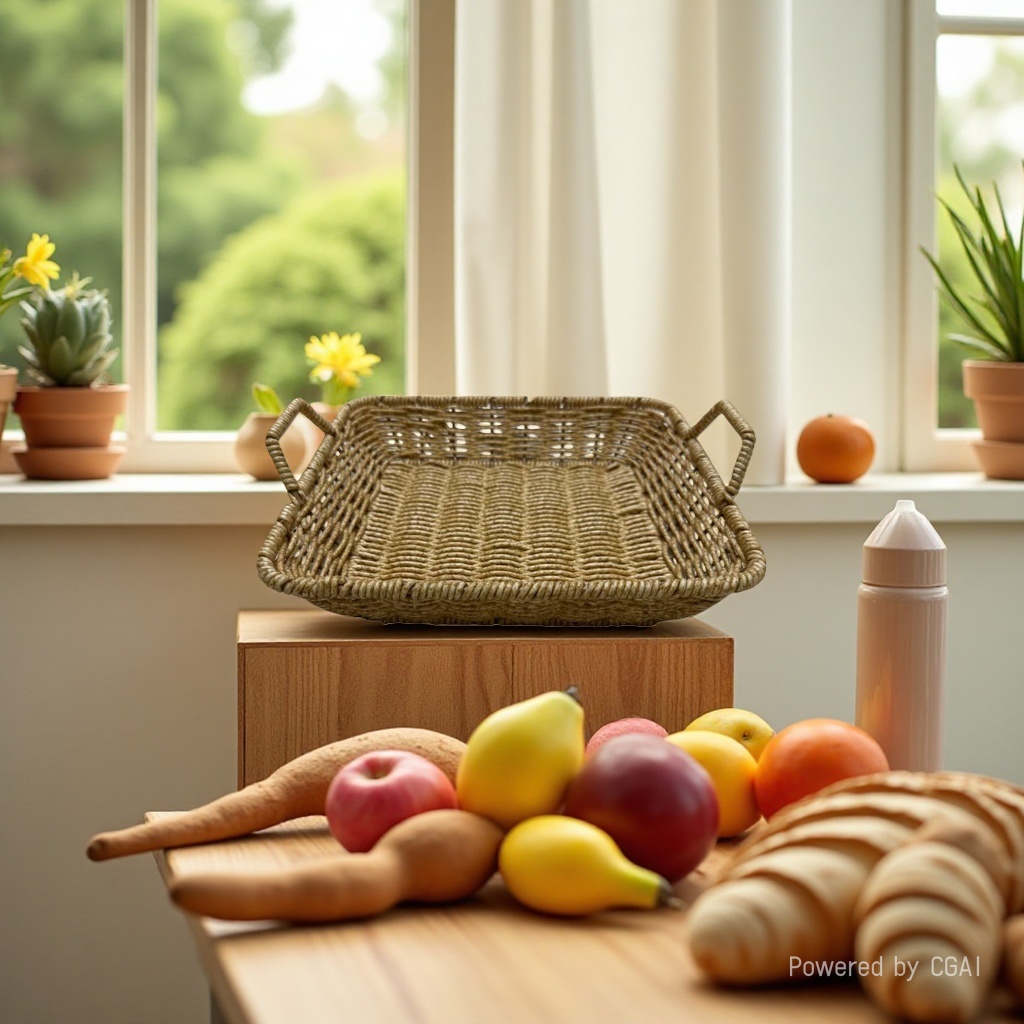 Beige imitation rattan woven rectangular shallow tray, storage basket, multi-purpose storage tray, home storage basket, fruit basket, bread basket, multi-functional home storage basin, supermarket gift packaging basket Specification image