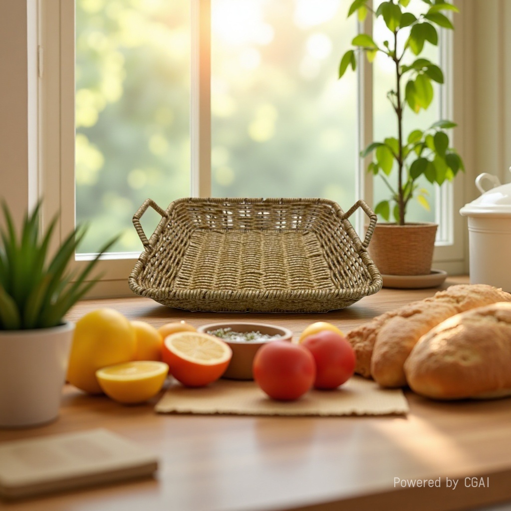 Beige imitation rattan woven rectangular shallow tray, storage basket, multi-purpose storage tray, home storage basket, fruit basket, bread basket, multi-functional home storage basin, supermarket gift packaging basket Application Scenario