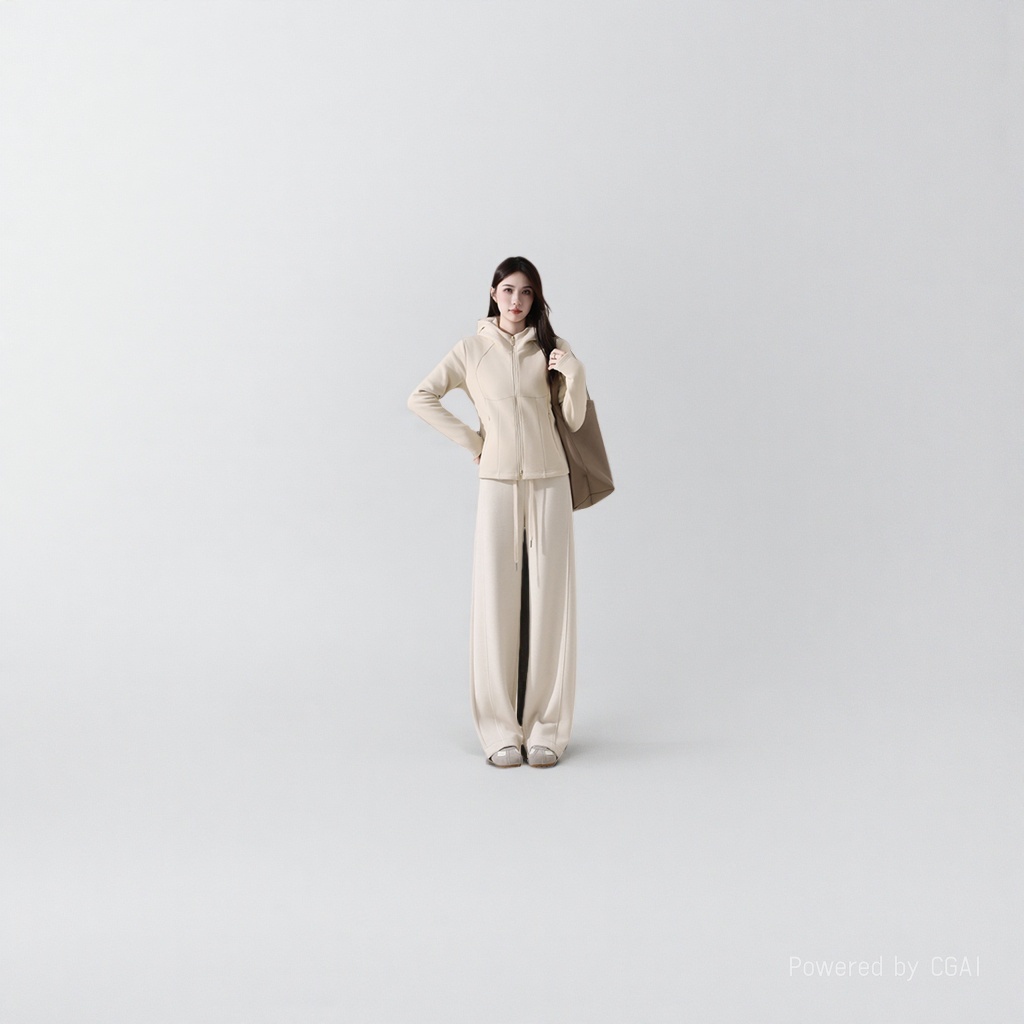 米色羊毛蚕丝保暖套装女连帽运动服防风防寒内衣套装保暖