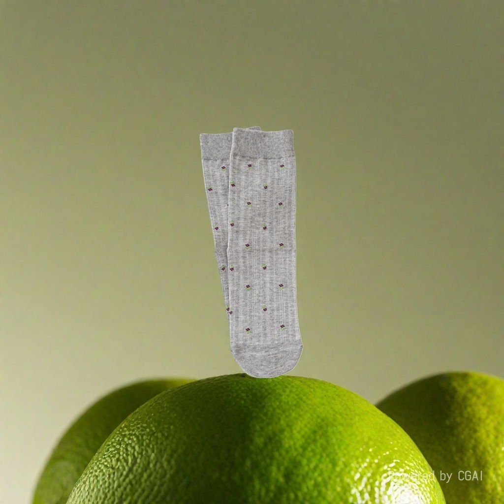 灰色樱桃图案袜子 保暖加厚纯棉袜子日常舒适透气