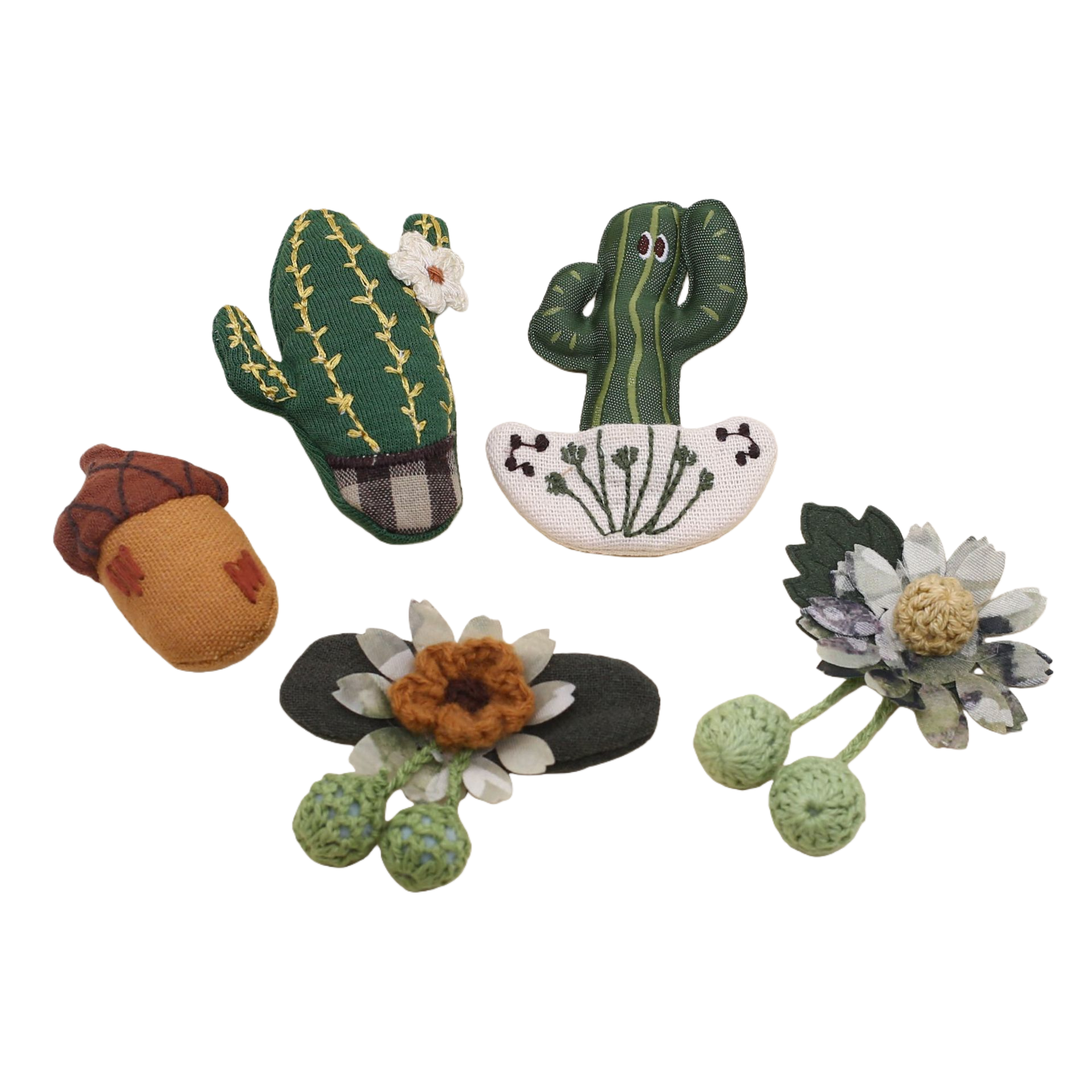 Artistic handcrafted cotton and linen brooch bag accessories, Japanese-style cactus and forest-themed flower fabric corsage DIY clothing accessories