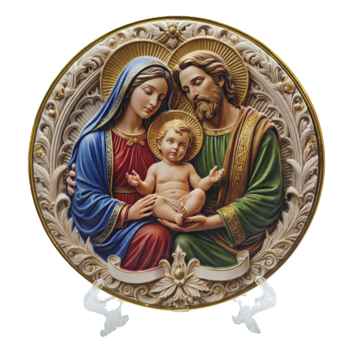 A resin Buddha statue with a relief plate of the Virgin Mary and the Infant Jesus Item Picture