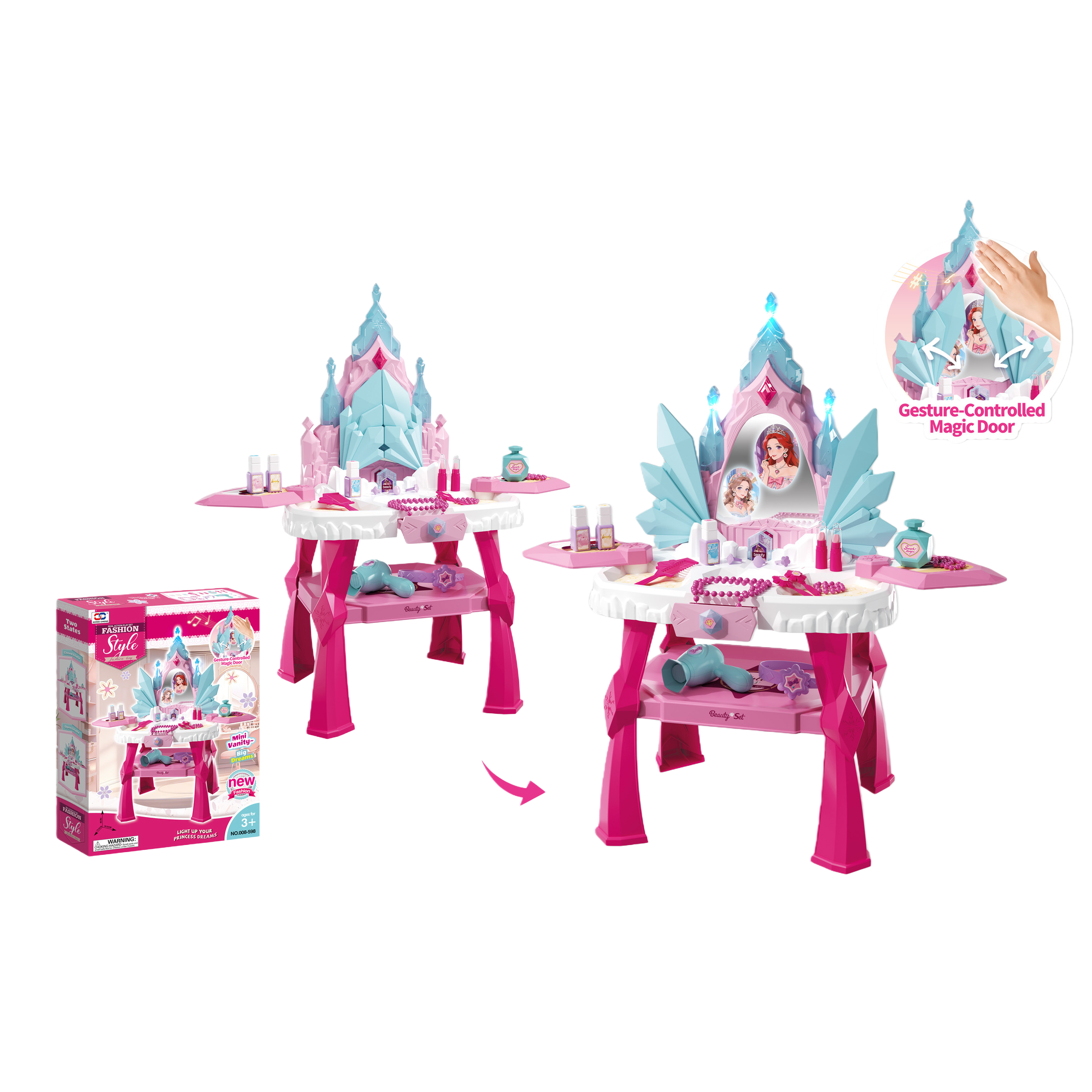 Pink castle-shaped children's toy makeup table, cute miniature model, gesture control Magic Door mirror, cosmetic accessories, hair dryer, shining meteor magic wand Item Picture