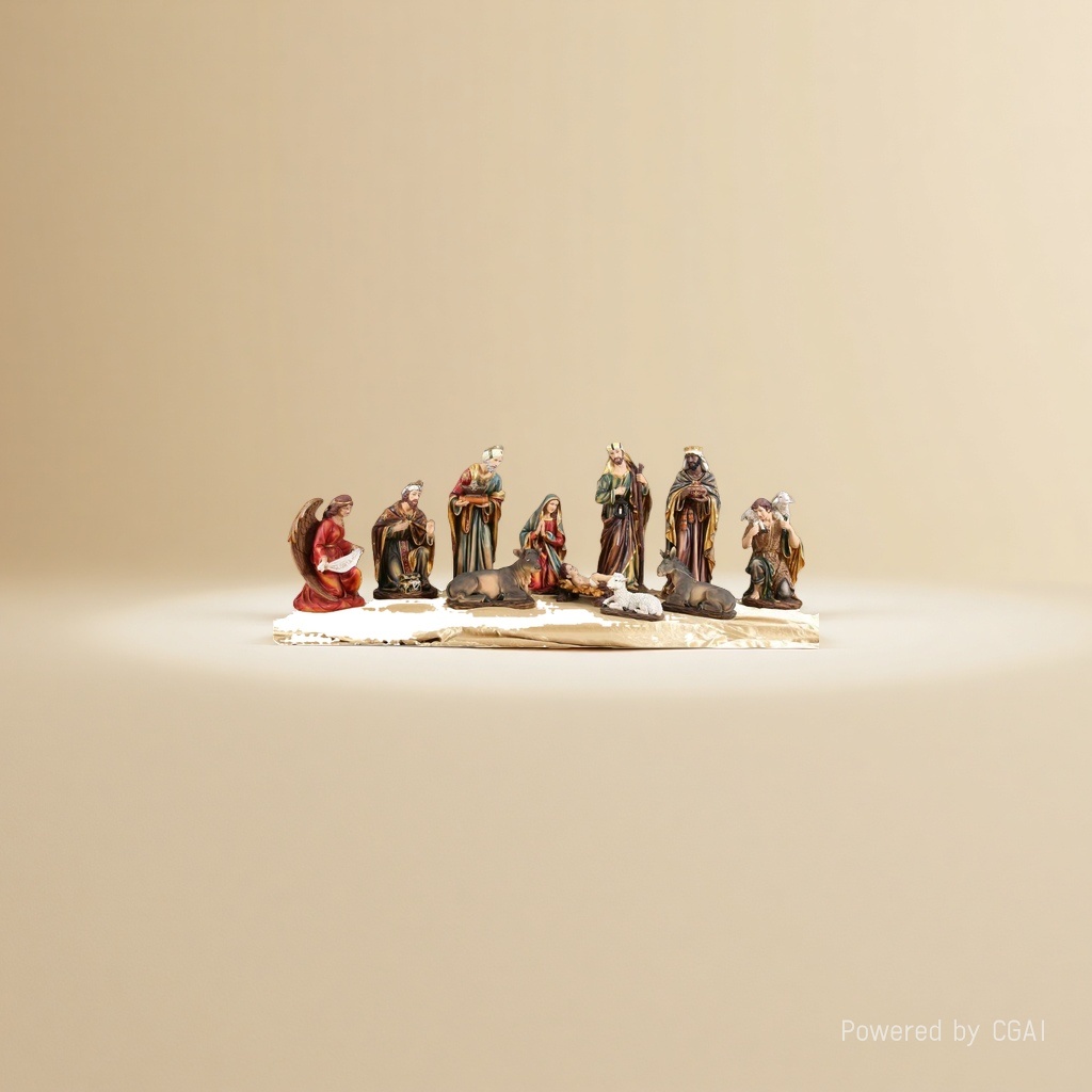 A group of resin Buddha statues depicting the Nativity scene details Picture